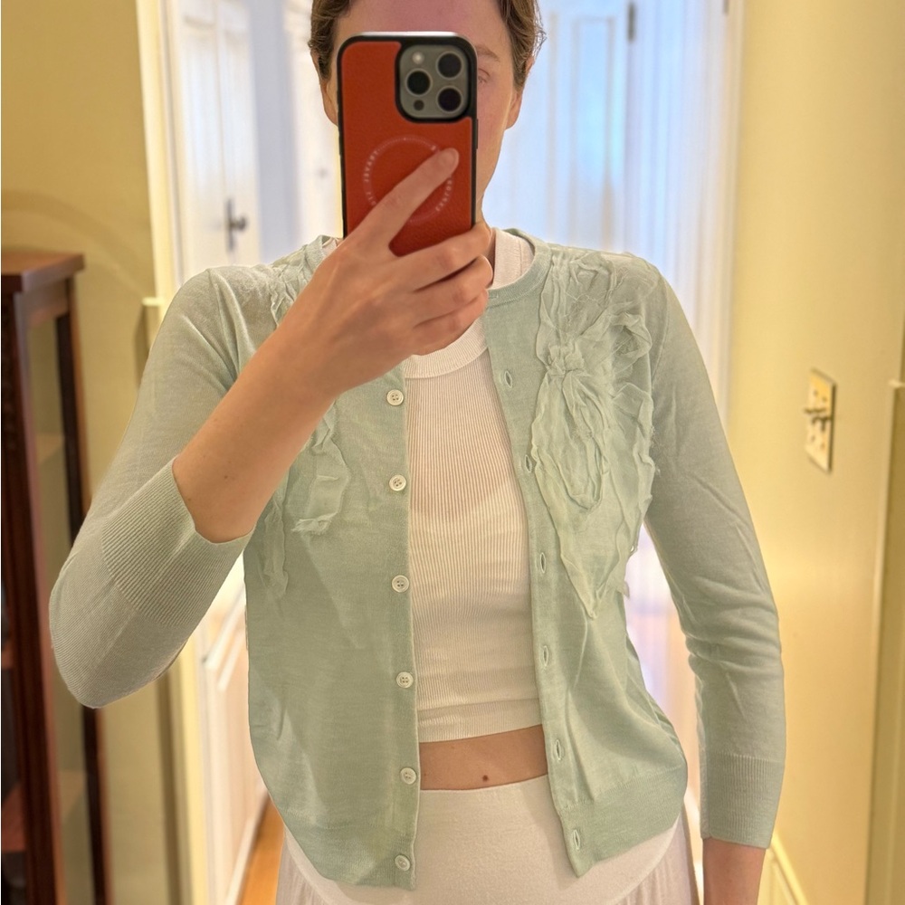 J. Crew- 100% Merino Wool Light Blue Floral Cardigan